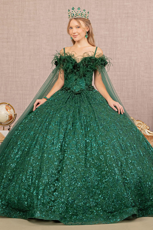 Feather Sequin Lace w/ Detachable Side Mesh Layer Long Quinceanera Dress GLGL3169