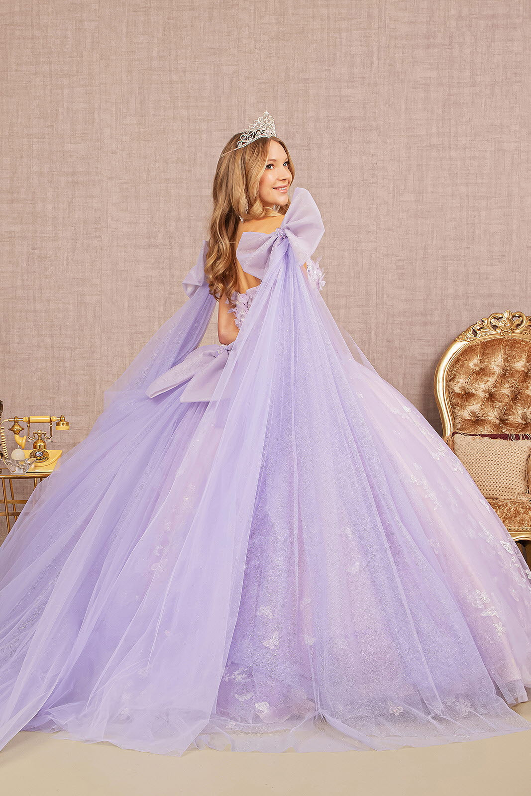 Jewel Glitter w/ Long Mesh Layer and Ribbons Long Quinceanera Dress GLGL3175