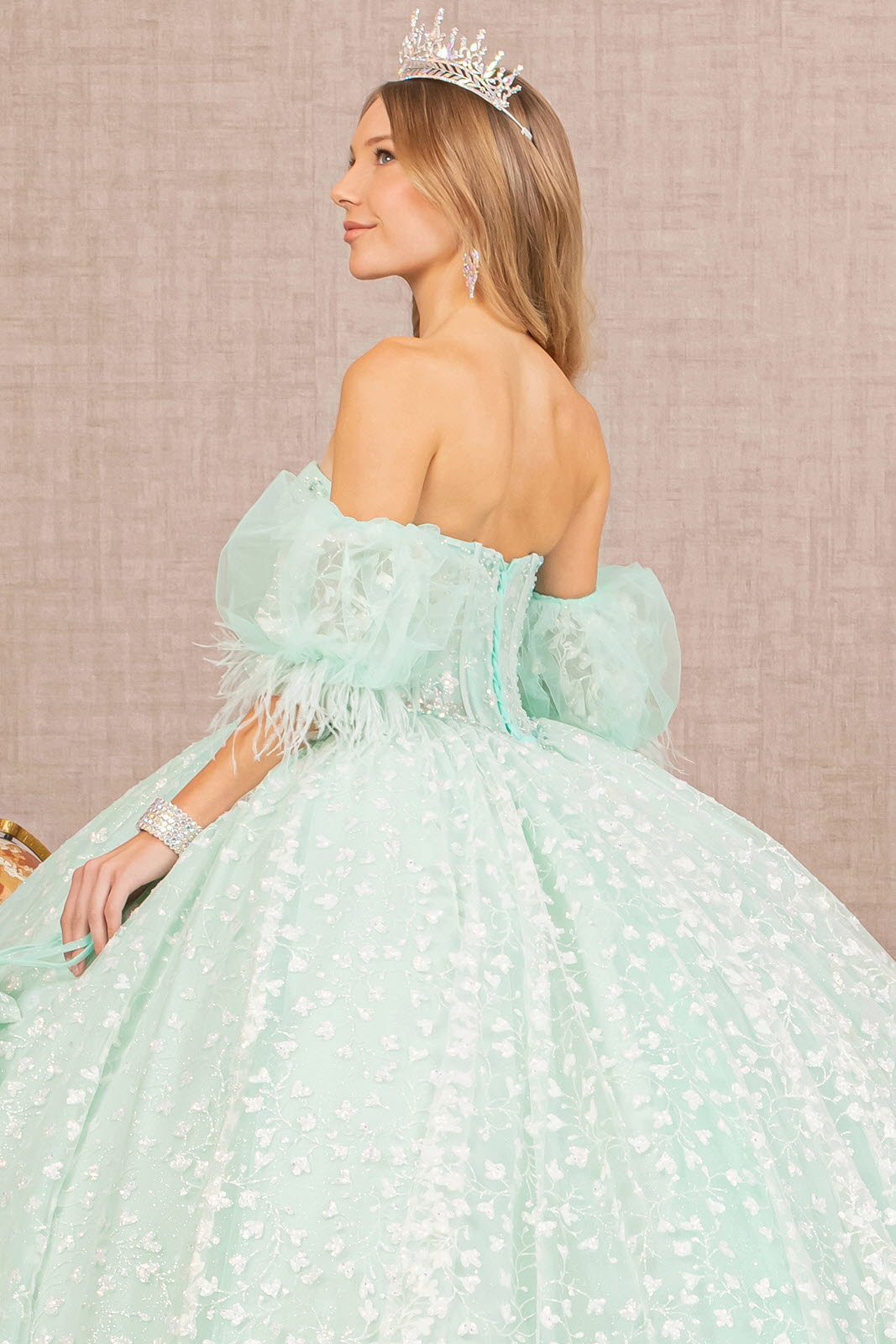 Jewel Strapless w/ Detachable Short Puff Sleeves Quinceanera Dress GLGL3176